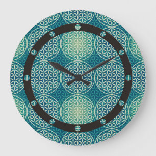 Flower of Life - stamp pattern - cyan blue Large Clock