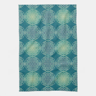 Flower of Life - stamp pattern - cyan blue Tea Towel