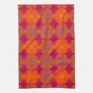Flower of Life - stamp pattern - orange pink Tea Towel