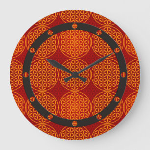 Flower of Life - stamp pattern - orange red Large Clock