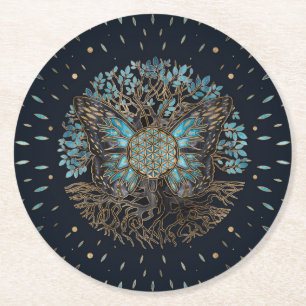 Flower of Life - Tree of life - Butterfly Round Paper Coaster