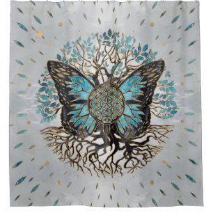 Flower of Life - Tree of life - Butterfly Shower Curtain