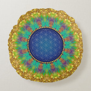 Flower of Life Vibrant Colors Gold Navy Blue Round Cushion