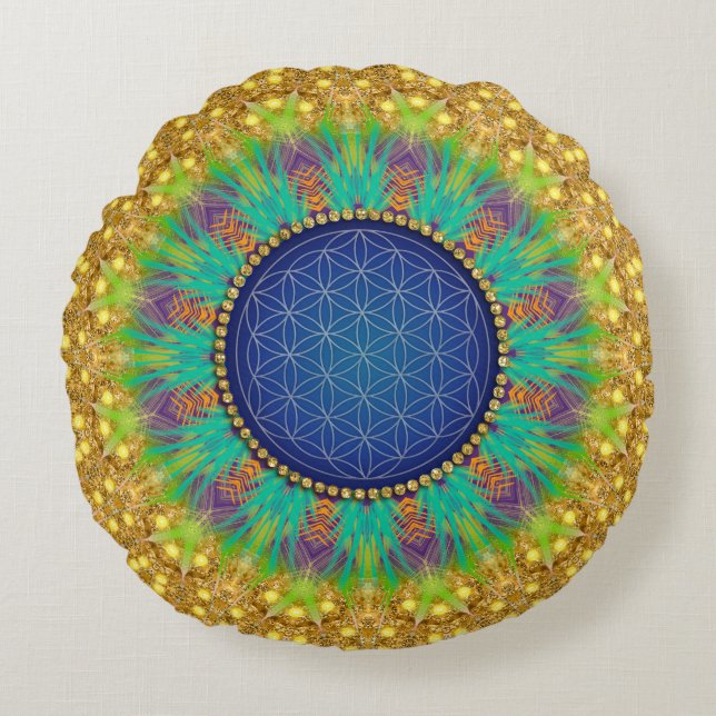 Flower of Life Vibrant Colours Gold Navy Blue Round Cushion (Front)