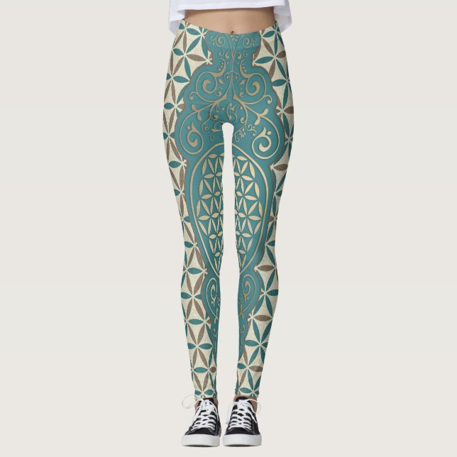 Flower of Life - vintage X stamp pattern Leggings (Front)