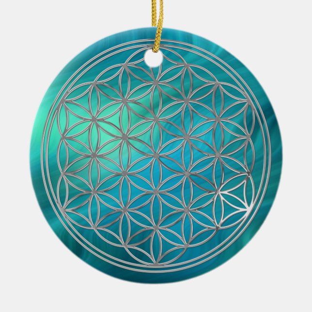 Flower Of Live / silver | bluegreen waves Ceramic Tree Decoration (Front)