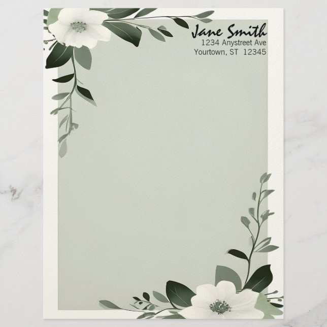 Flower Overlay Sage Green Personalized Stationery Custom Letterhead (Front)