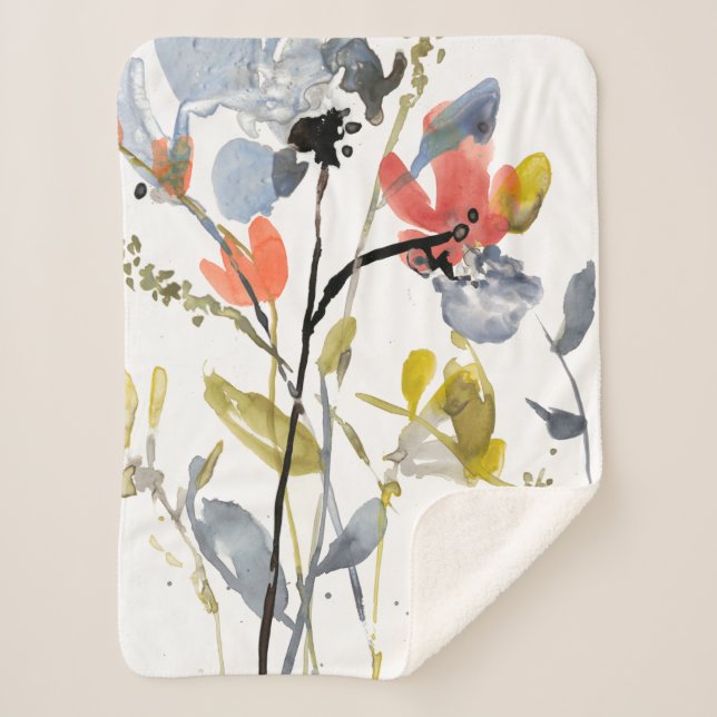 Flower Overlay - Watercolor Flowers & Stems Sherpa Blanket (Front)