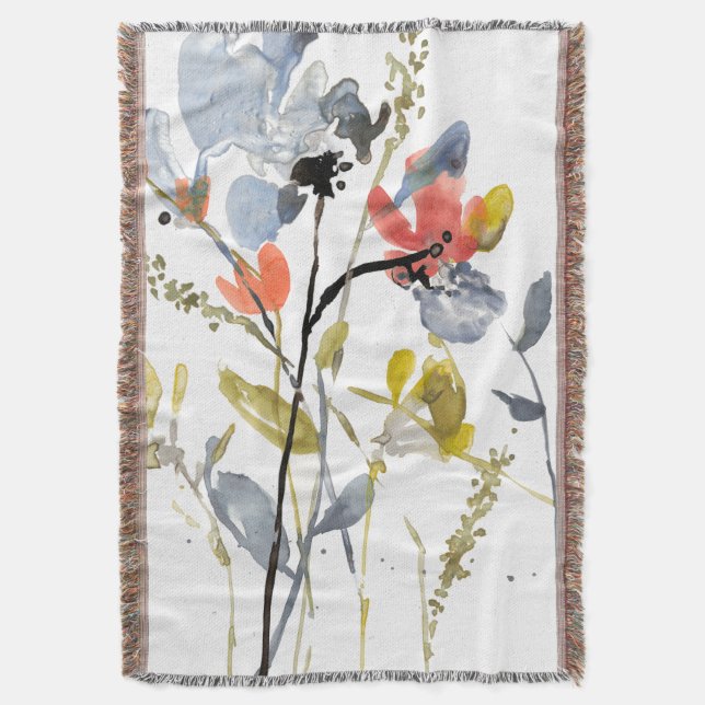 Flower Overlay - Watercolor Flowers & Stems Throw Blanket (Front Vertical)