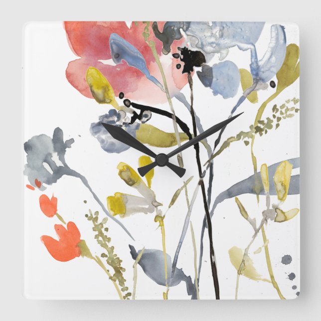 Flower Overlay - Watercolor Pastel Flowers Square Wall Clock (Front)