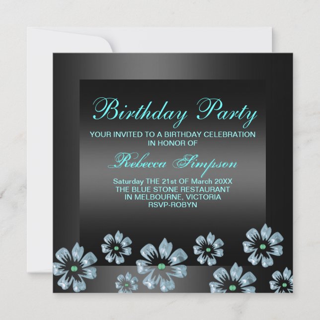 Flower Party Black/Blue Birthday Invitation (Front)