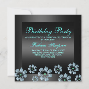 Flower Party Black/Blue Birthday Invitation