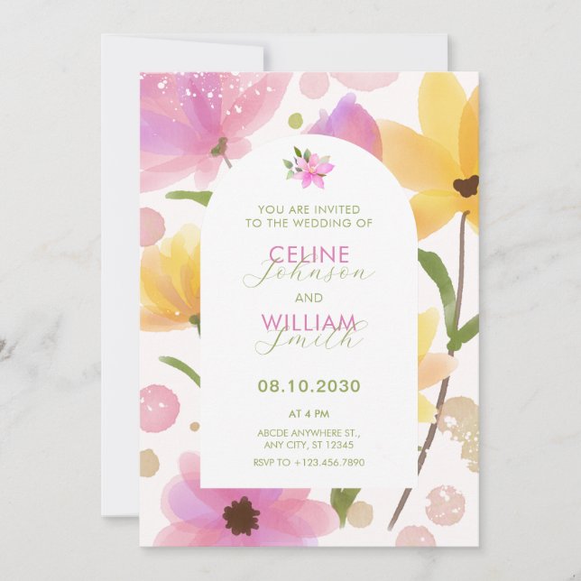 Flower pastel pink yellow wedding invitation (Front)