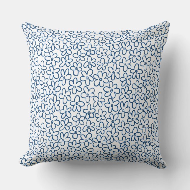 Flower Pattern 080821 - Indigo Blue and White Cushion (Front)