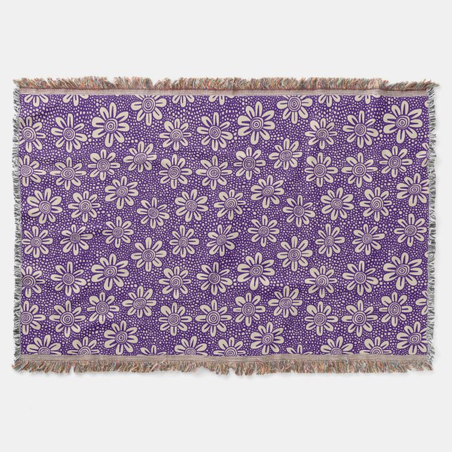 Flower Pattern 140617 - Deep Purple on Beige Throw Blanket (Front)