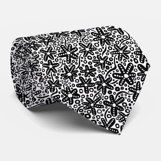 Flower Pattern 240412 - Black on White Tie (Rolled)