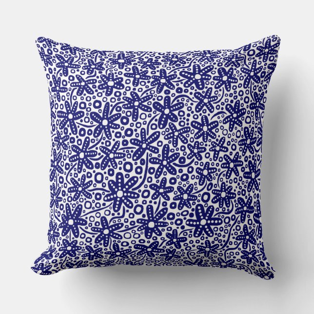 Flower Pattern 240412 - Dk Blue on White Cushion (Front)