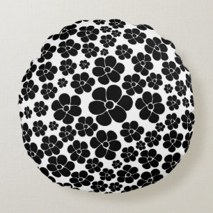 Flower Pattern - Black and White Round Cushion