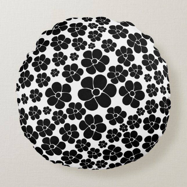 Flower Pattern - Black and White Round Cushion (Front)