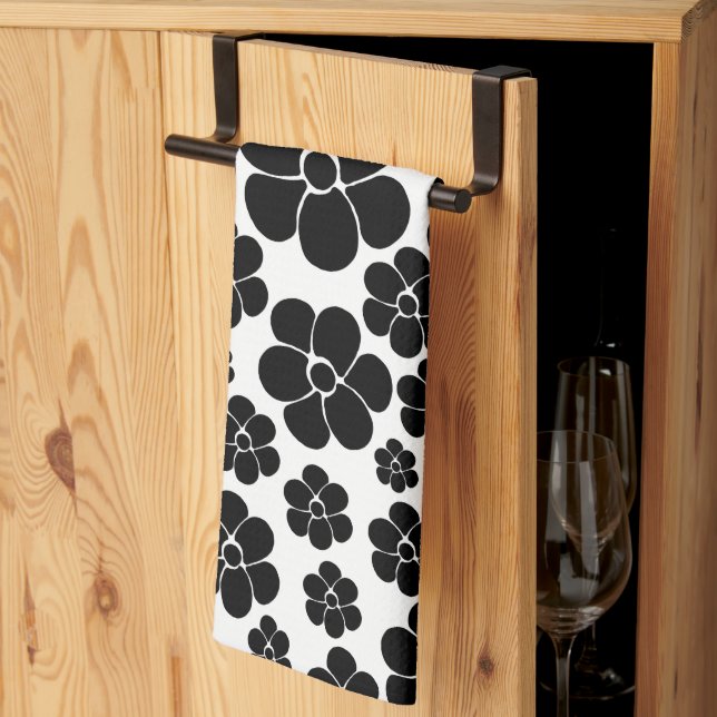 Flower Pattern - Black and White Tea Towel (Thirds Fold)