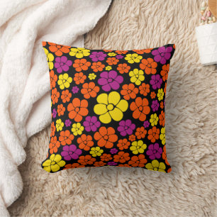 Flower Pattern - Black, Pink, Orange and Yellow Cushion