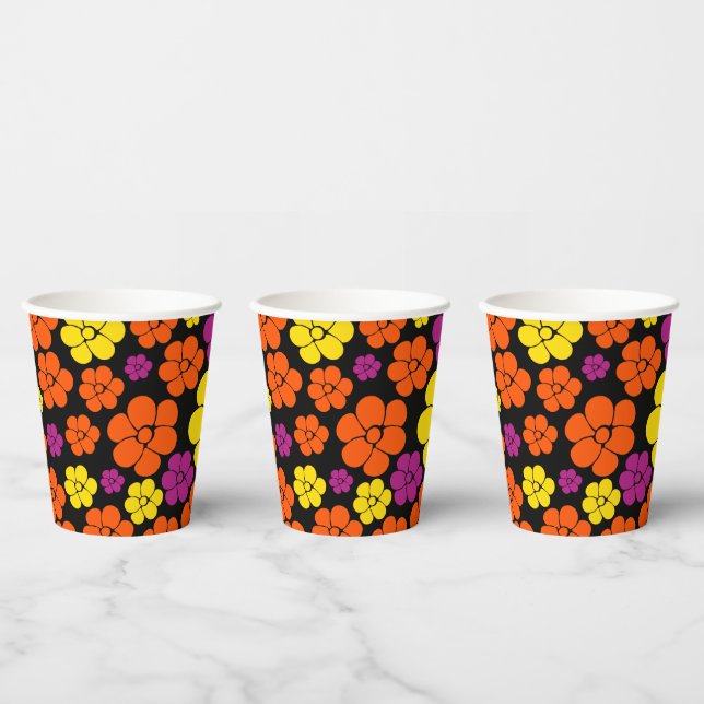 Flower Pattern - Black, Pink, Orange and Yellow Paper Cups (Multi)
