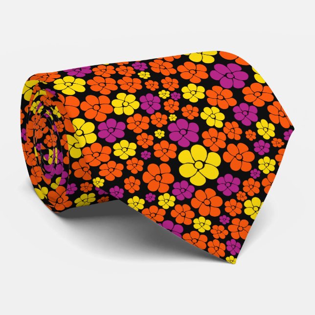 Flower Pattern - Black, Pink, Orange and Yellow  Tie (Rolled)