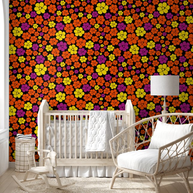 Flower Pattern - Black, Pink, Orange and Yellow  Wallpaper (Kids)