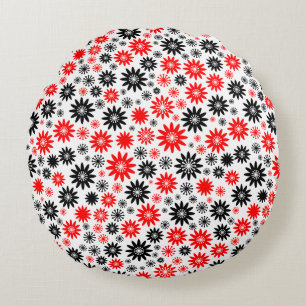 Flower Pattern - Black with Red and White Round Cushion
