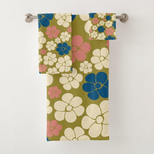 Flower Pattern - Blue, Olive Green, Pink and Cream Bath Towel Set (Insitu)