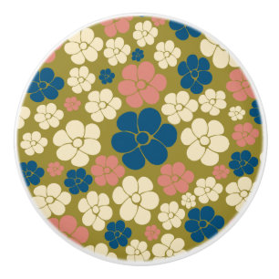 Flower Pattern - Blue, Olive Green, Pink and Cream Ceramic Knob