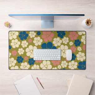 Flower Pattern - Blue, Olive Green, Pink and Cream Desk Mat