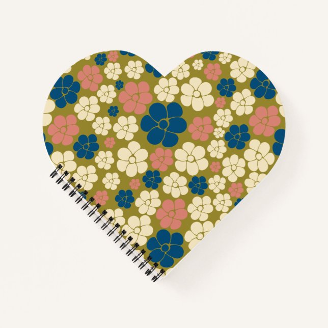 Flower Pattern - Blue, Olive Green, Pink and Cream Notebook (Front)