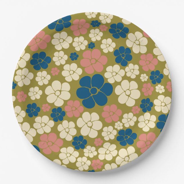 Flower Pattern - Blue, Olive Green, Pink and Cream Paper Plate (Front)
