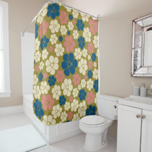 Flower Pattern - Blue, Olive Green, Pink and Cream Shower Curtain