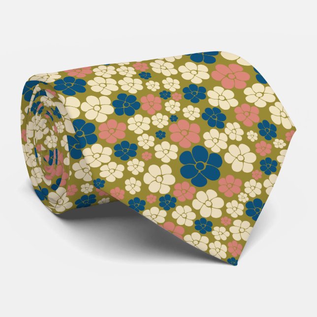 Flower Pattern - Blue, Olive Green, Pink and Cream Tie (Rolled)