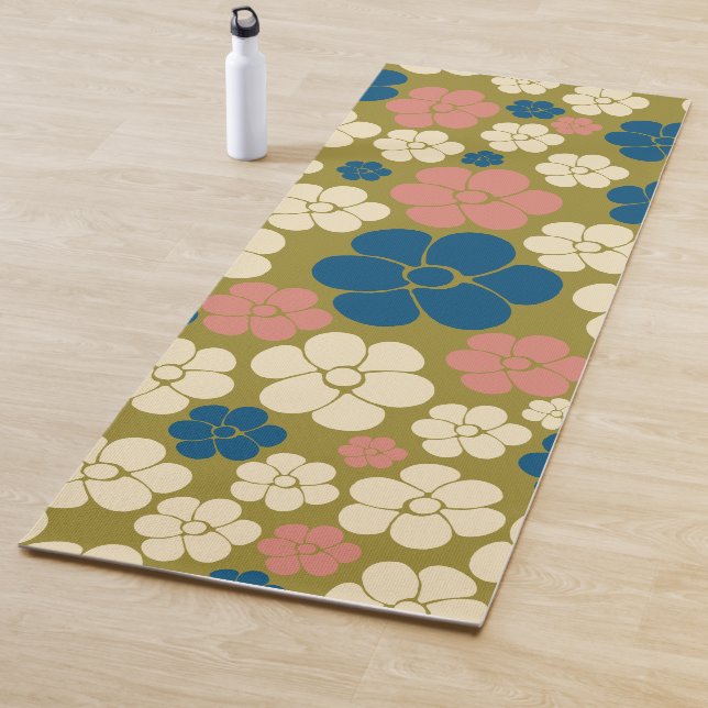 Flower Pattern - Blue, Olive Green, Pink and Cream Yoga Mat (In Situ)