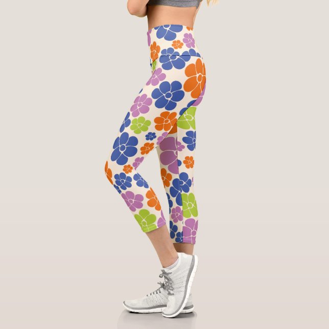 Flower Pattern - Blue, Orange, Purple, Green Capri Leggings (Left)