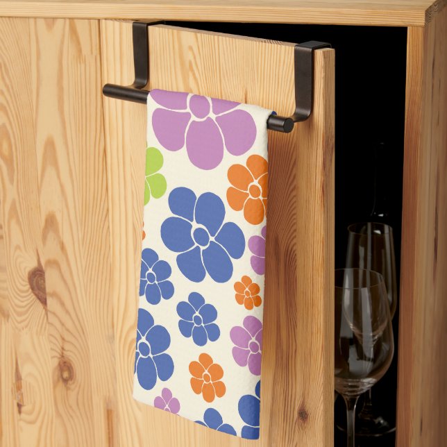 Flower Pattern - Blue, Orange, Purple, Green Tea Towel (Thirds Fold)