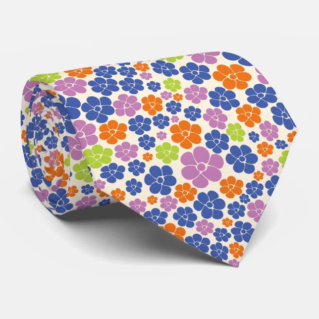 Flower Pattern - Blue, Orange, Purple, Green Tie (Rolled)