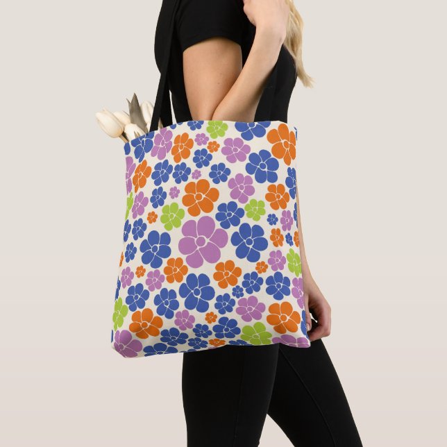 Flower Pattern - Blue, Orange, Purple, Green Tote Bag (Close Up)