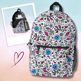 Flower Pattern blue Swirl Berry on White - Printed Backpack