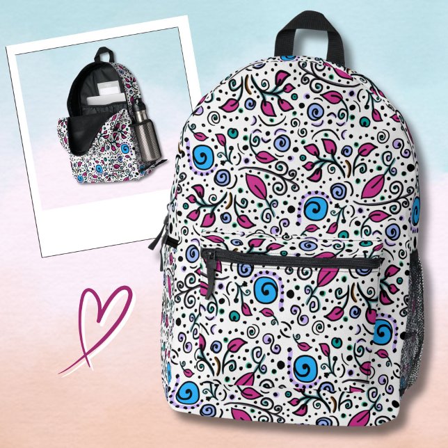 Flower Pattern blue Swirl Berry on White -  Printed Backpack (Creator Uploaded)