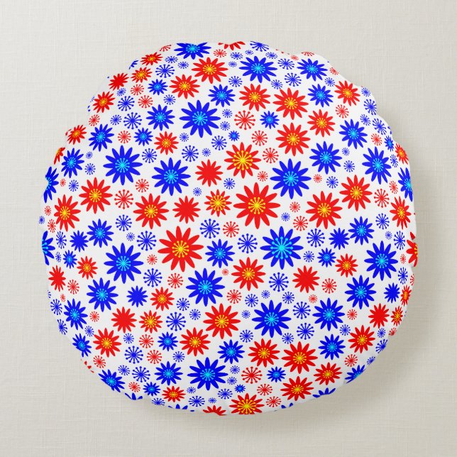 Flower Pattern - Blues with Red, Yellow and White Round Cushion (Front)