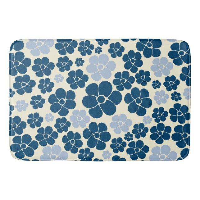 Flower Pattern - Dark Blue, Light Blue and Cream Bath Mat (Front)
