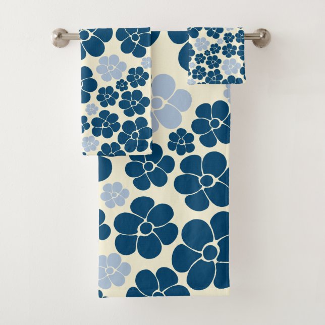 Flower Pattern - Dark Blue, Light Blue and Cream Bath Towel Set (Insitu)