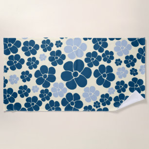 Flower Pattern - Dark Blue, Light Blue and Cream Beach Towel
