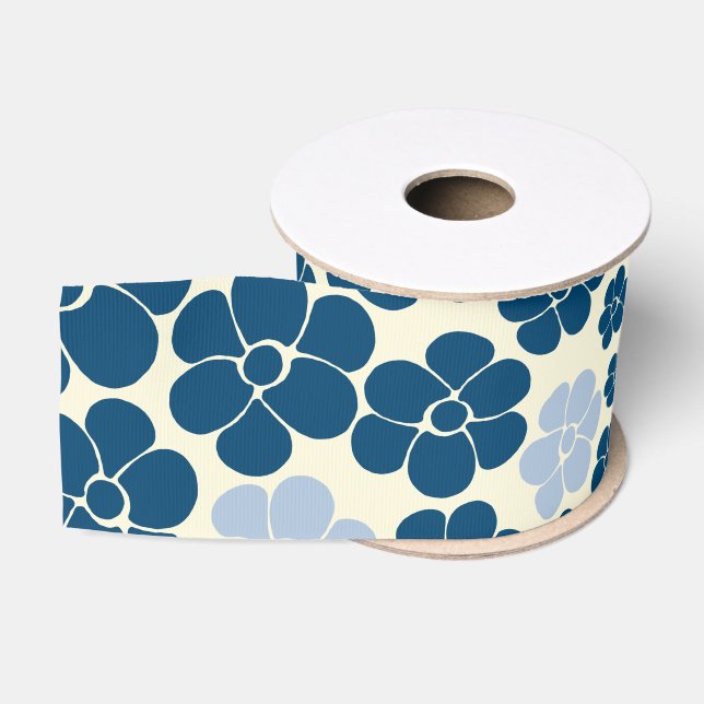 Flower Pattern - Dark Blue, Light Blue and Cream Grosgrain Ribbon (Spool)