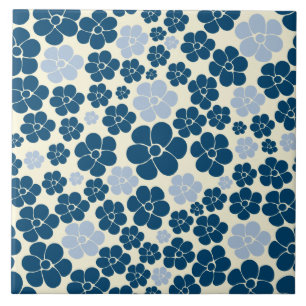 Flower Pattern - Dark Blue, Light Blue and Cream Tile