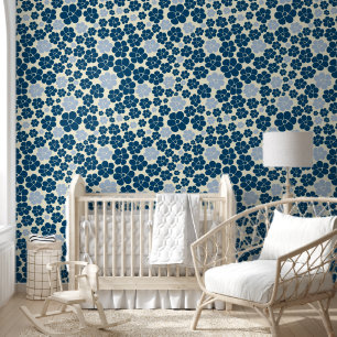 Flower Pattern - Dark Blue, Light Blue and Cream Wallpaper